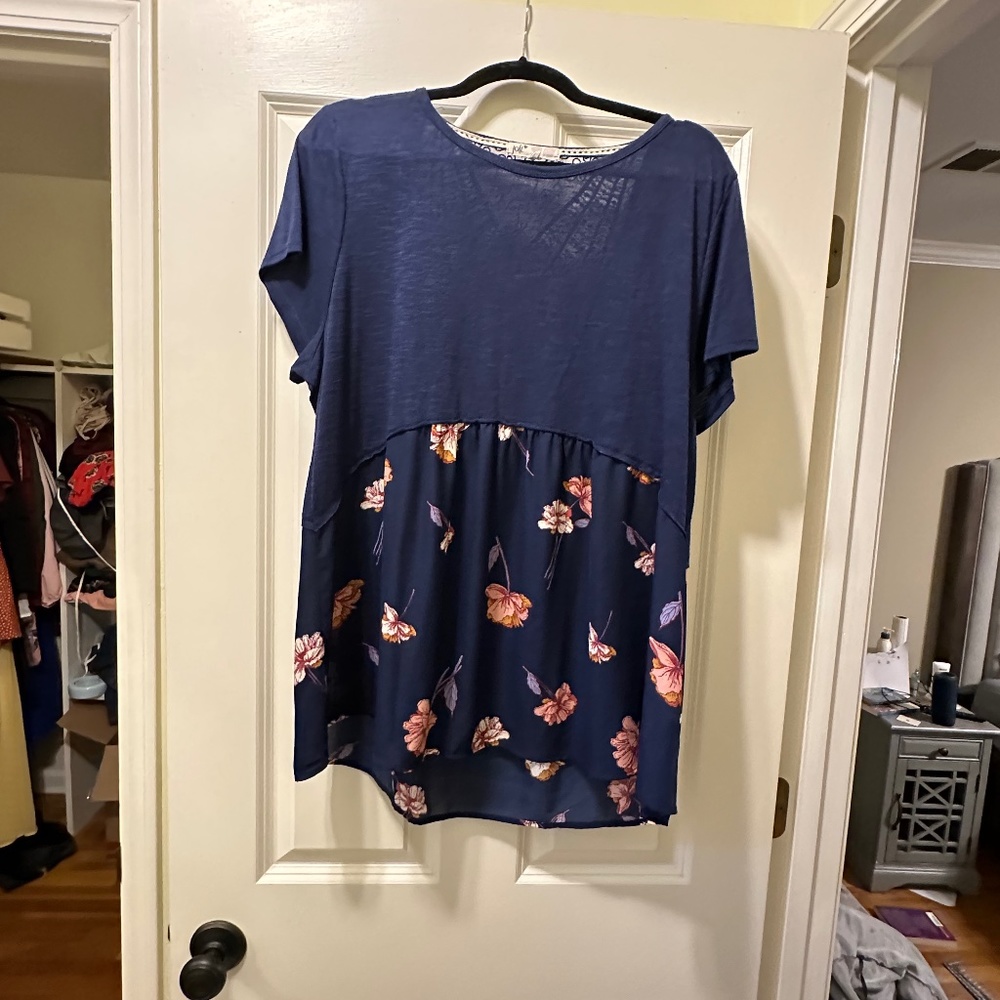 Blue top with pink butterflies